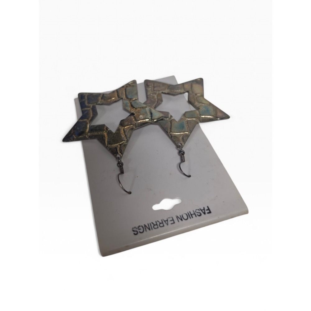 Vintage Style Star Dangle Earrings Hammered Metal Statement Boho Large 2 1/2" - Picture 3 of 4